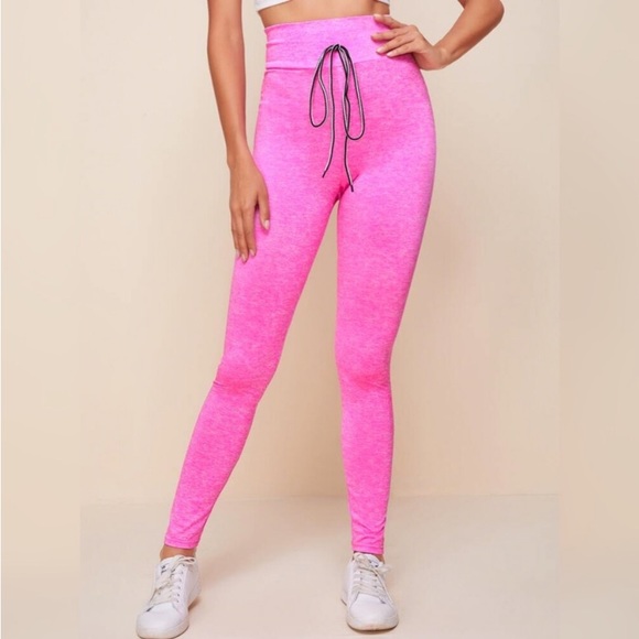 PINK HIGH WAISTED DRAWSTRING LEGGINGS - Picture 4 of 7